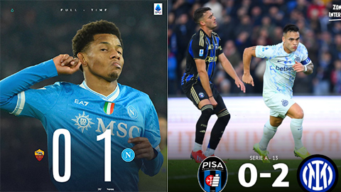 Vòng 13 Serie A: Napoli và Inter cùng thắng, đua vô địch căng như dây đàn